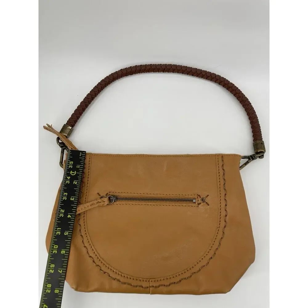 The Sak Camel Brown Leather Purse Braided Strap and Zipper Pulls Hobo Shoulder